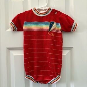 Vintage 1980s Health-Tex baby romper Red Striped Embroidered Kite 24 Months